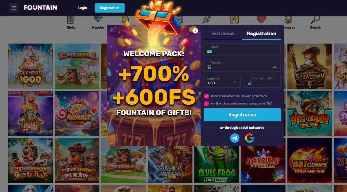 Startseite von Fountain Casino mit Spielauswahl und Willkommensbonus
